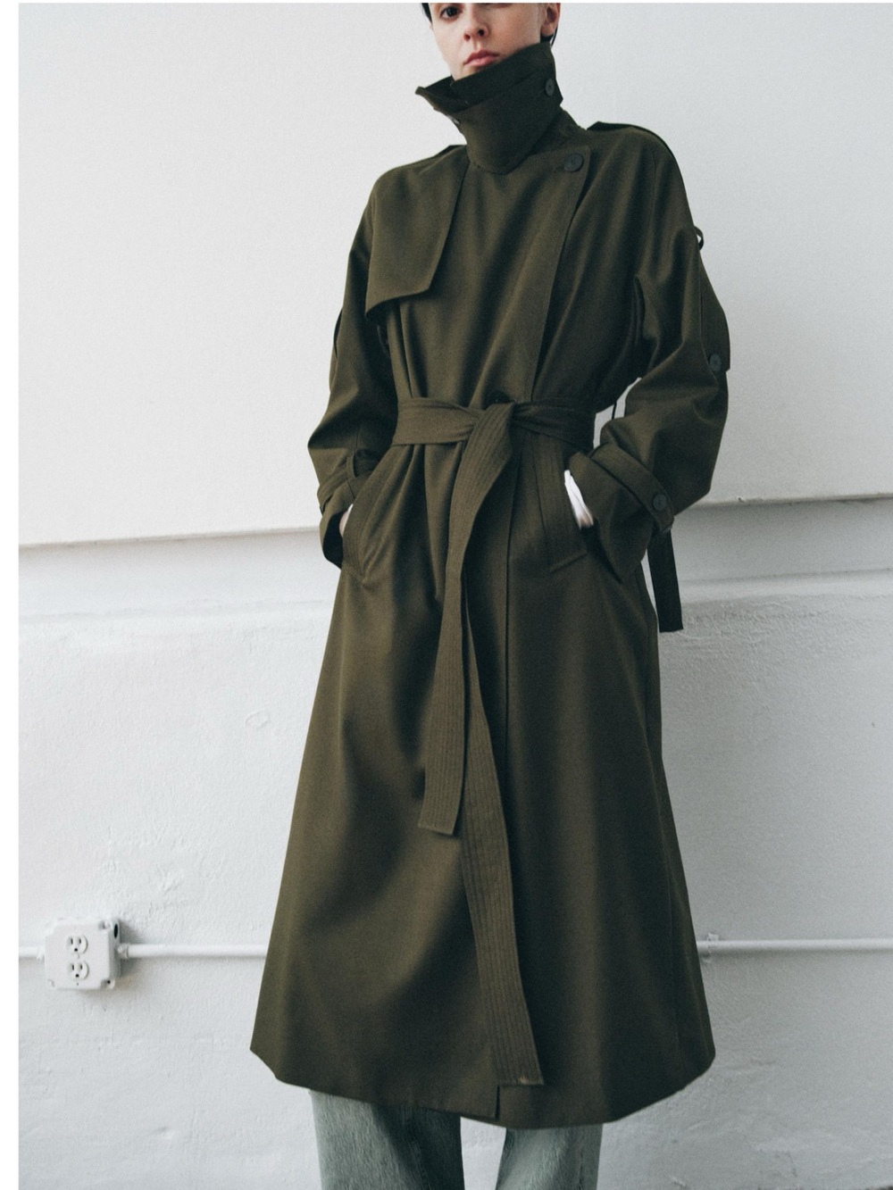 Zara Olive Trench Coat - Women's Oversized Long Coat - Picture 2 of 14